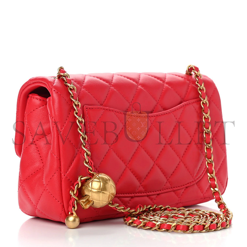 CHANEL MASTER LAMBSKIN QUILTED MINI RECTANGULAR PEARL CRUSH FLAP RED (20*13*7cm)